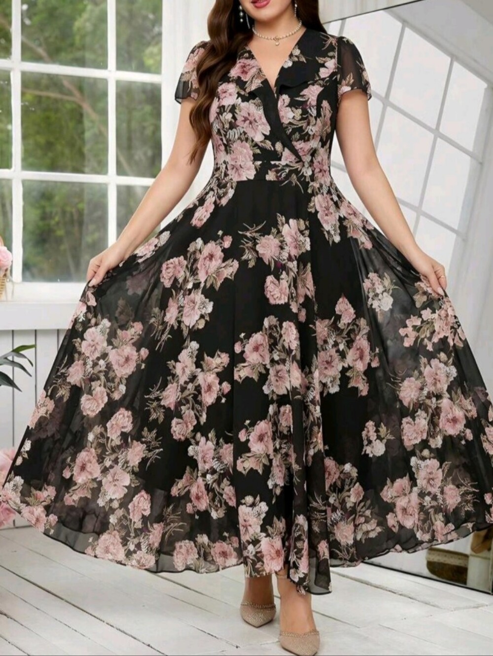 Floral Black Wrap Midi Dress with Pink Roses